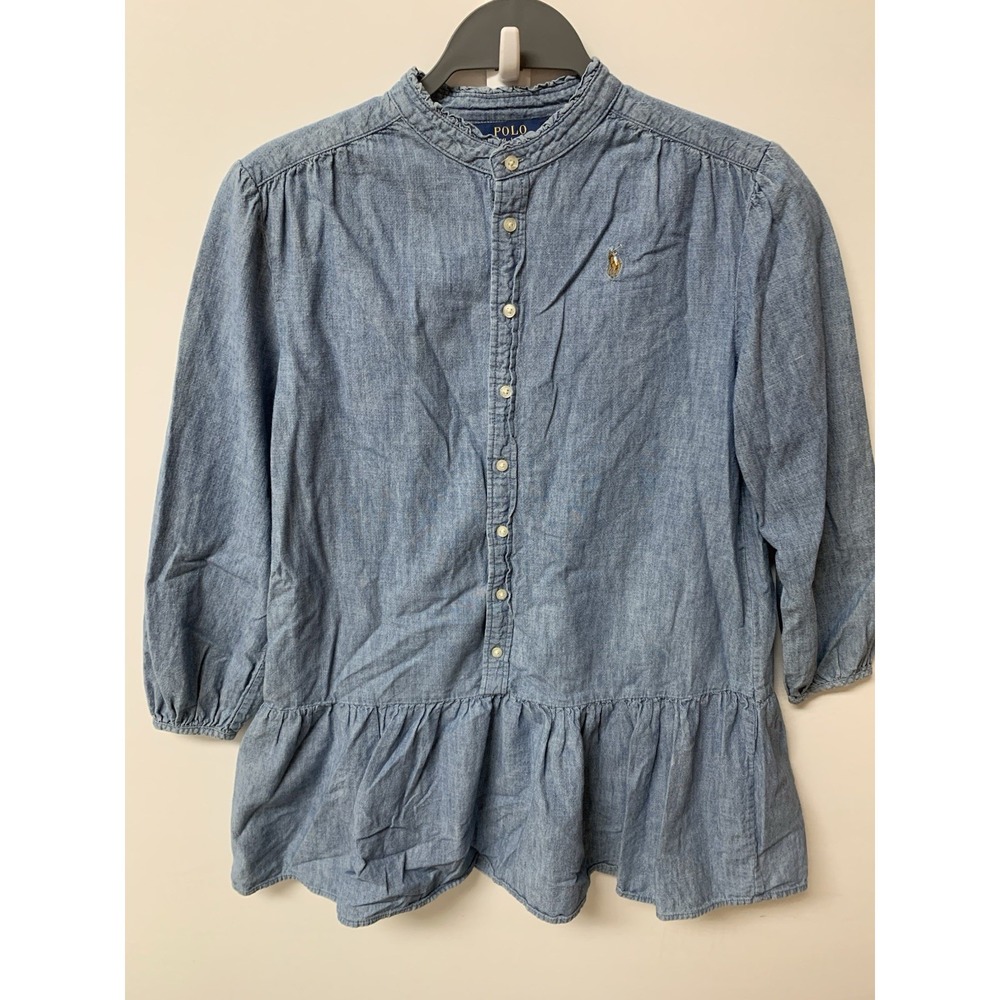 Ralph Lauren Polo Girls Chambray Denim Dress Size 12 Long Sleeve Ruffle Hem